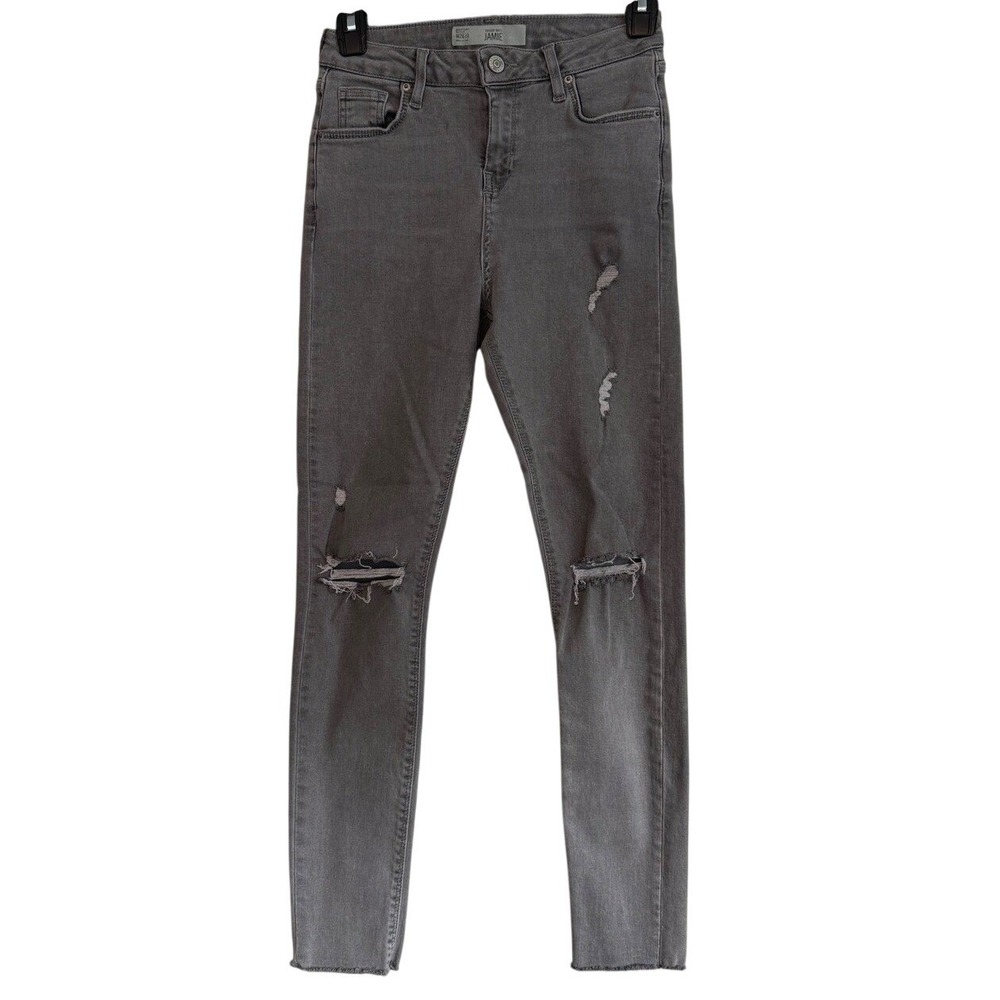 Topshop Moto Jamie Womens W26 L30 Grey Distressed Raw Hem High Rise Skinny Jeans